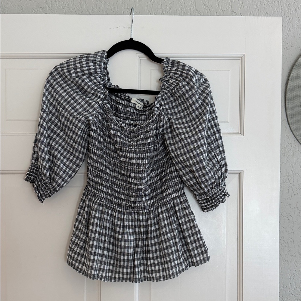 Max Studio Black and White Gingham Smocked Peplum Blouse